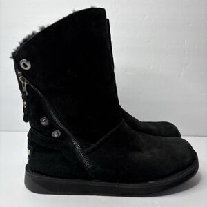 Tundra Woman's 8M Black Genuine Leather Side Zippers Fold Down Lined Boots